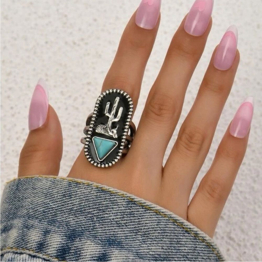 Silver And Turquoise Cactus Southwestern Statement Ring Sz 7
